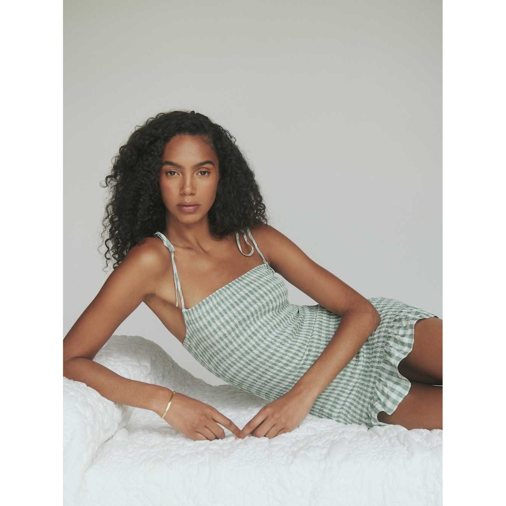 Reformation Gemini Dress Green Gingham Smocked Tie Shoulder Mini Ruffle Size S - Picture 9 of 12